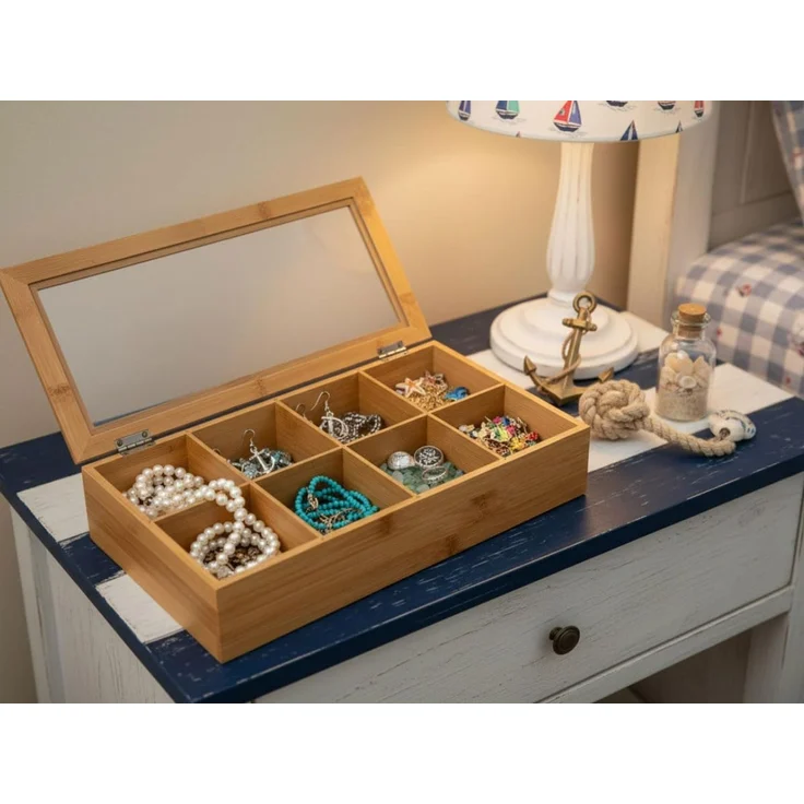 LS-LebenStil Teebox Holz Aufbewahrungsbox Teebox 8 Fächer mit Deckel Teekiste Schmuckkiste, Bambus, (Nachhaltiger Organizer - durchsichtiger Glasdeckel, 1-tlg, Holzkiste Schmuckkiste Schmuckkasten Schmuckkästchen), Aufbewahrung für Teebeutel, Tee, Schmuck – Bild 8