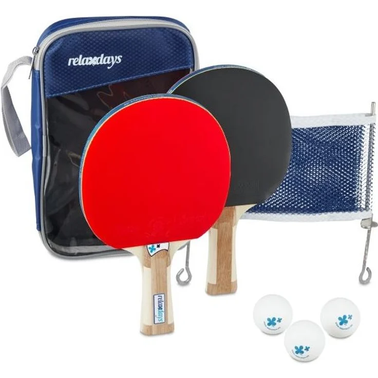 Relaxdays Tischtennis-Set inkl. 2 Schläger, 3 Tischtennisbälle, Tischtennisnetz & Reissverschlusstasche, Kunststoff rot / schwarz – Bild 1