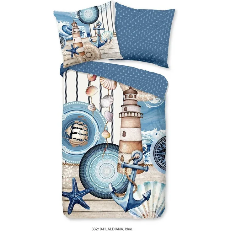 hip Satin Bettwäsche 135x200 Aldiana Maritim Anker Leuchtturm Muschel blau 33219
