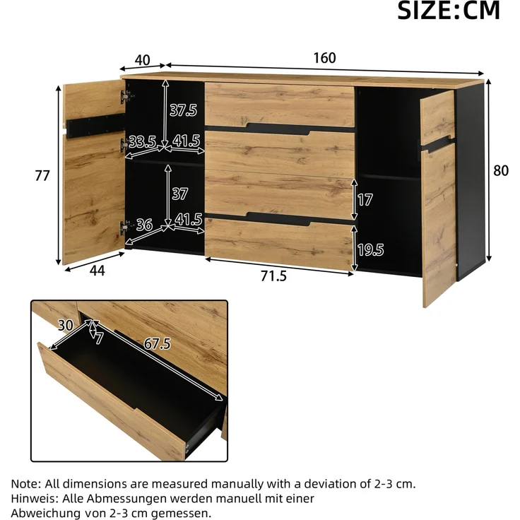 DESVIAE Sideboard mit 2 Türen und 4 Schubladen 160x80x40 cm Spanplatte Holzoptik Schwarz – Bild 10