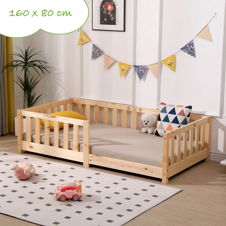 ecoMI Kinderbett mit Rausfallschutz und Lattenrost, Kiefernholz natur, 80x160 cm
