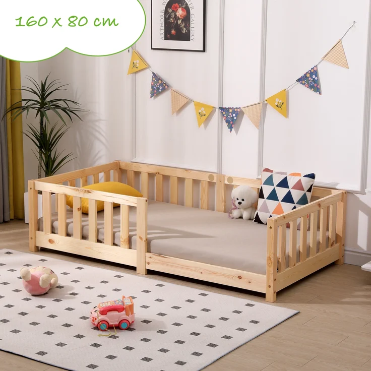 ecoMI Kinderbett mit Rausfallschutz und Lattenrost, Kiefernholz natur, 80x160 cm – Bild 1
