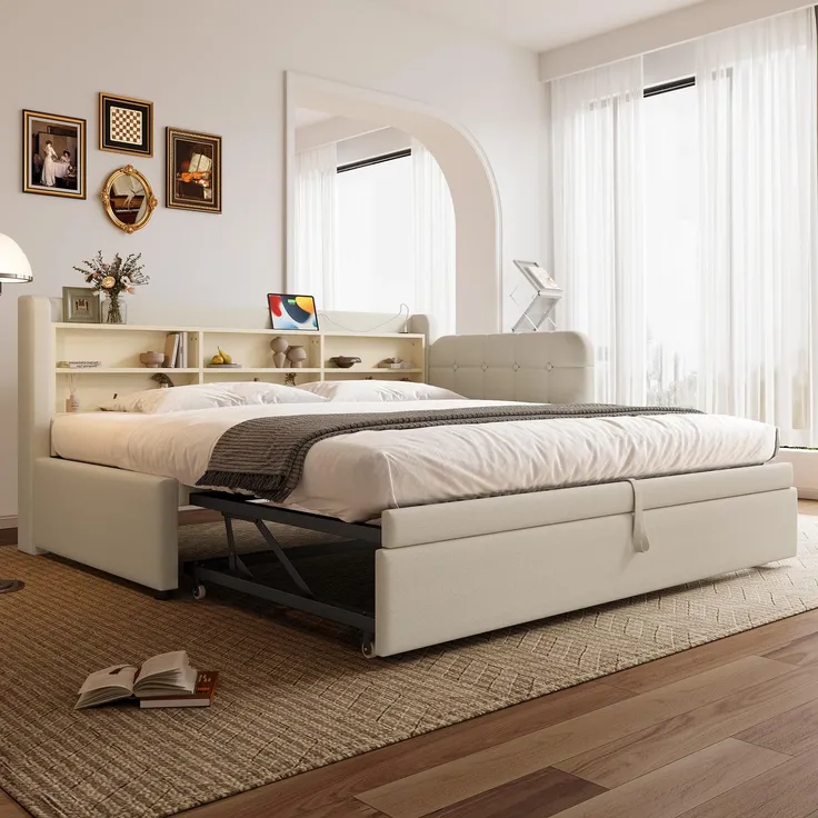 Stauraumbett mit Lattenrost, Regal, USB und Type-C Anschluss, 90x200cm/180x200cm, Liegefläche erweiterbar, Einzelbett, Polsterbett, Leinen – Bild 2