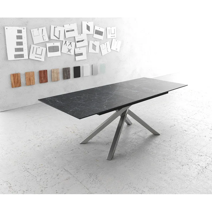 Esstisch Edge 180-220x100cm Keramik Laminam®Nero Greco Anthrazit Kreuzgestell Rechteck Edelstahl ausziehbar