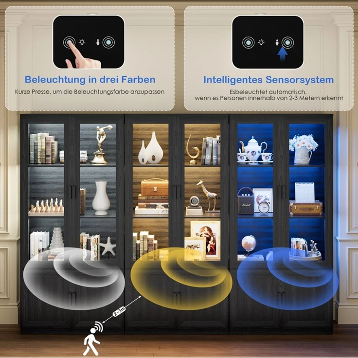 Vitrinenschrank mit 3 offenen Regalen und Acryl-Türen, LED-Beleuchtung und Magnetverschluss, Schwarz – Bild 5