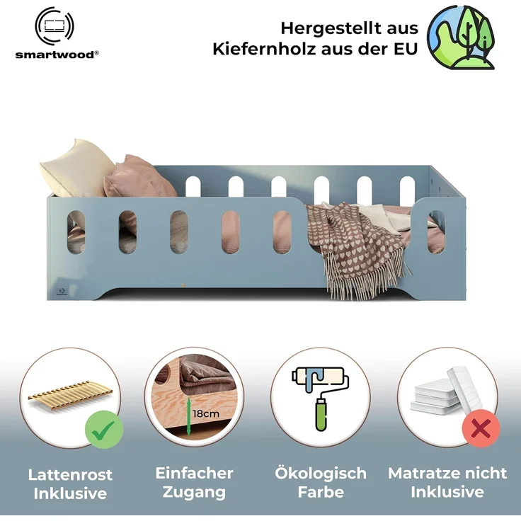 smartwood Kinderbett Bodenbett 80x200 mit Rausfallschutz & Lattenrost - Blau - Kinder Montessori Bett TILA 2P mit glatten Kanten - Betten für schnelle Montage - Bis 230 kg belastbar – Bild 3