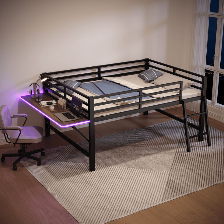Merax 140 x 200 cm Kinderbett, Metallbett, Ohne Matratze, Geländer, Leiter, Schreibtisch, LED-Lichtband, Schwarz