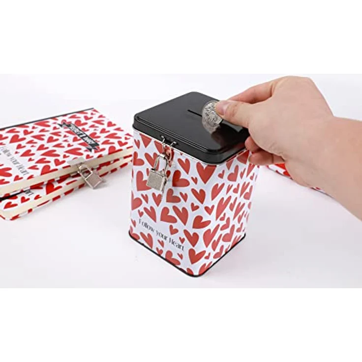 I-TOTAL® – Lustige Spardose mit Vorhängeschloss und Schlüssel, Sparbüchse aus Metall mit Verschluss (Follow Your Heart) – Bild 5