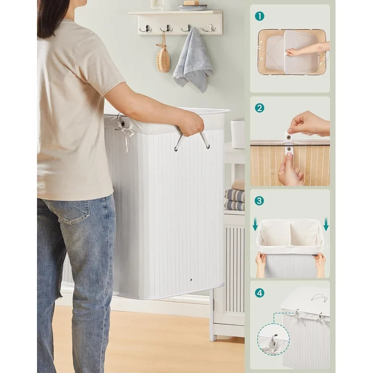 SONGMICS Wäschekorb 2 Fächer, 100 L Wäschesammler mit Deckel, Wäschebox Bambus, mit Griffen, faltbar, Wäschesack herausnehmbar maschinenwaschbar, Waschküche, braun, grau – Bild 2