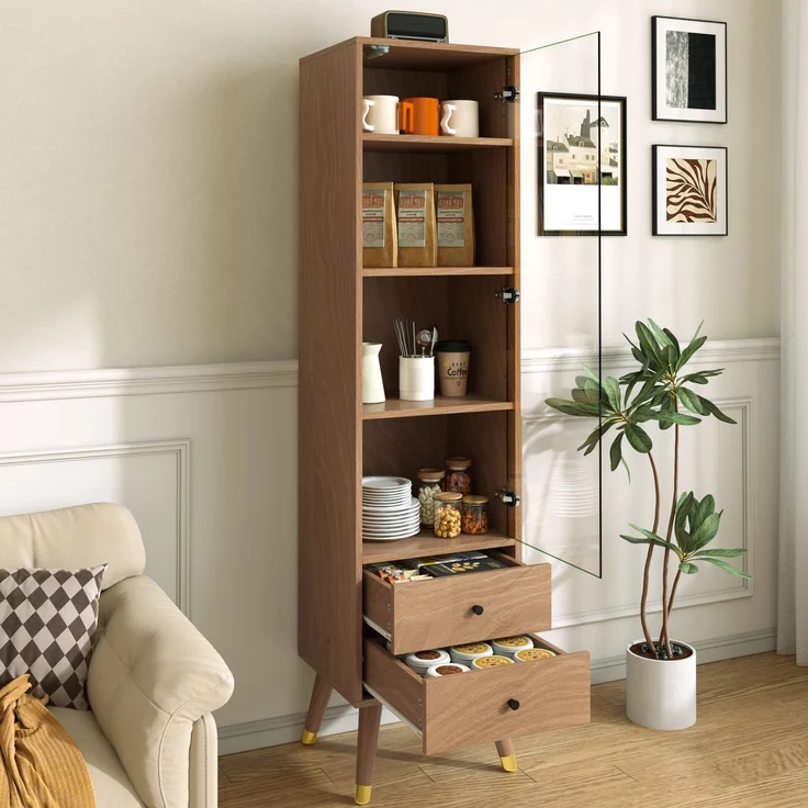 Moderner Hochschrank mit Glastür, Vitrinenschrank mit verstellbaren Regalen und 2 Schubladen, Standschrank für Wohnzimmer, Bad & Büro in Holz-Optik--Holz--39.8x35x160cm--YOUDENOVA – Bild 2