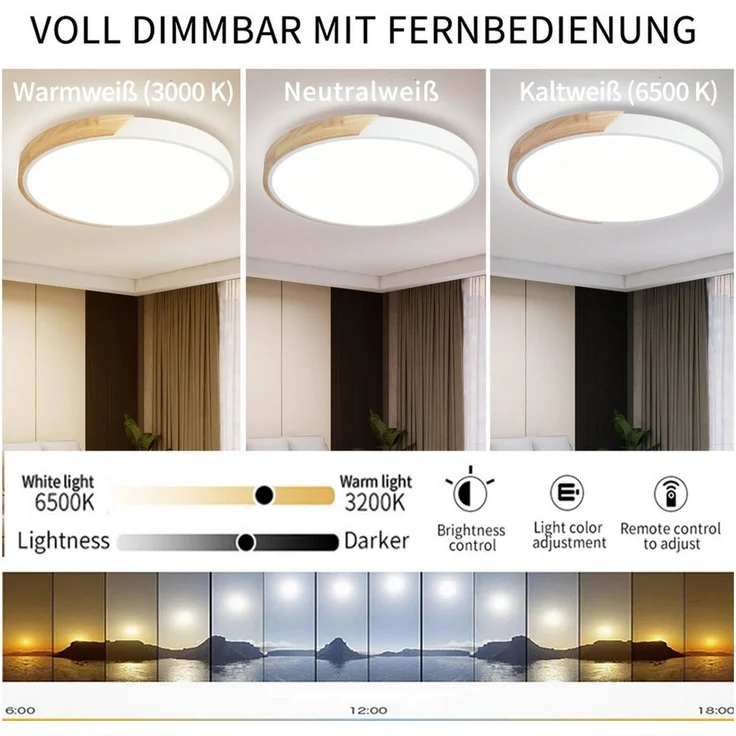 style home Deckenleuchte LED Deckenlampe, voll dimmbar mit Fernbedienung 3000-6000K, 48W, LED fest integriert, Runde Lampe für Wohnzimmer Schlafzimmer Büro, Ø50x4cm, Holz – Bild 2