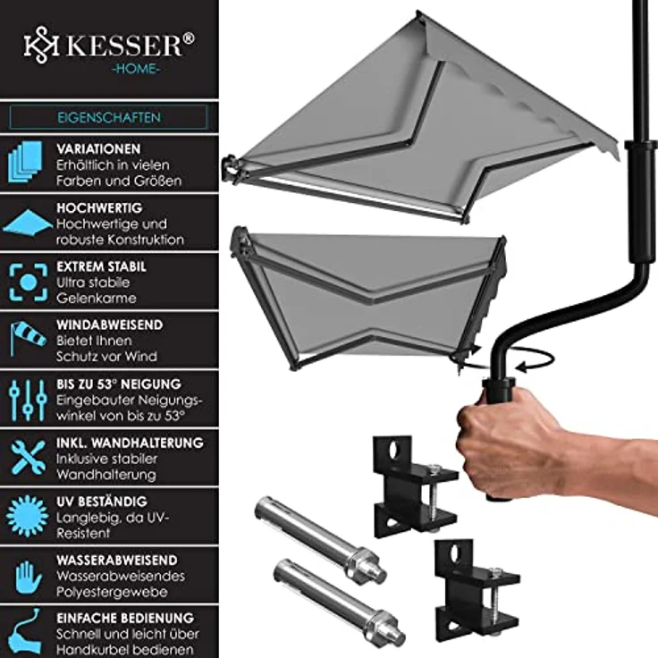 KESSER® Gelenkarmmarkise Markise Gelenkmarkise 300x250 cm Terrassenmarkise Klemmmarkise Sonnenmarkise inkl. Wandhalterung Sonnenschutz Balkonmarkise wasserabweisend Alu/Polyester, Grau – Bild 3