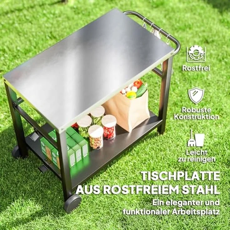 Outsunny Servierwagen mit Arbeitsfläche, Ablagen, Haken, Räder, (BBQ Grilltisch, 1 St, Grillwagen), für Garten, Terrasse, Grill, 102 x 56 x 81cm – Bild 3