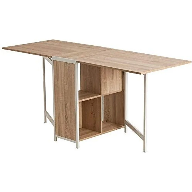 BAKAJI Mehrzweck-Schreibtisch, klappbar, ausziehbar, mit Bücherregal, 4 Fächern und Ablagen aus Holz und Stahl, Farbe Beige – Bild 7