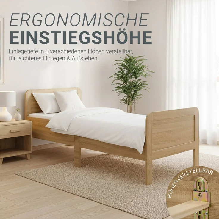 Komfortbett 90x200 Seniorenbett Höhenverstellbar Holzbett Eiche Einzelbett Hohes Bett Bettgestell – Bild 5