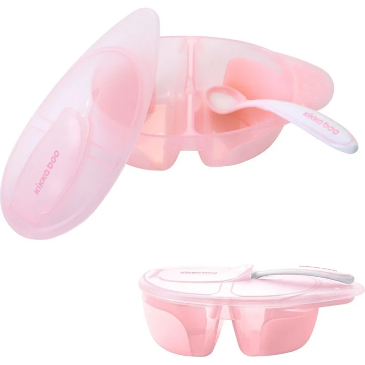Kikkaboo Kinderschüssel Tasty Doppelkammer, Löffel, Deckel, großes Fach 150 ml rosa – Bild 2