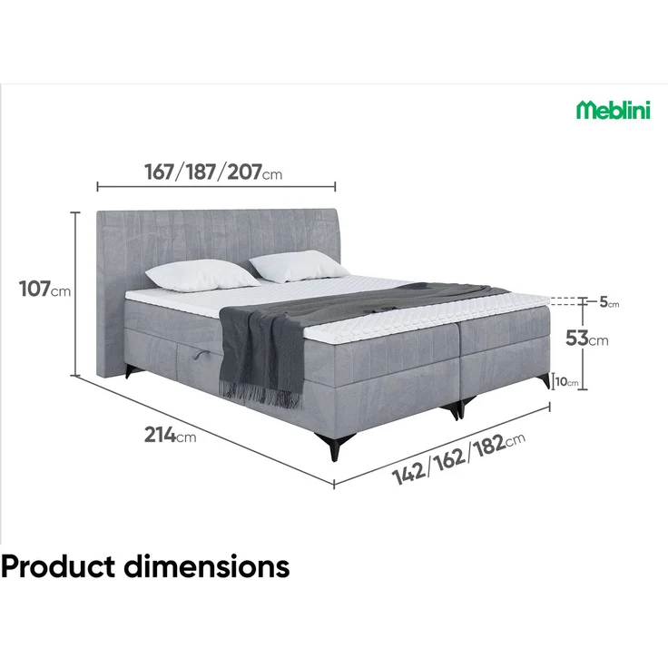 MEBLINI Boxspringbett NANI 160x200cm - H3P/Grau Samt - mit Bettkasten - Polsterbett - Doppelbett mit Topper & Taschenfederkern-Matratze – Bild 7
