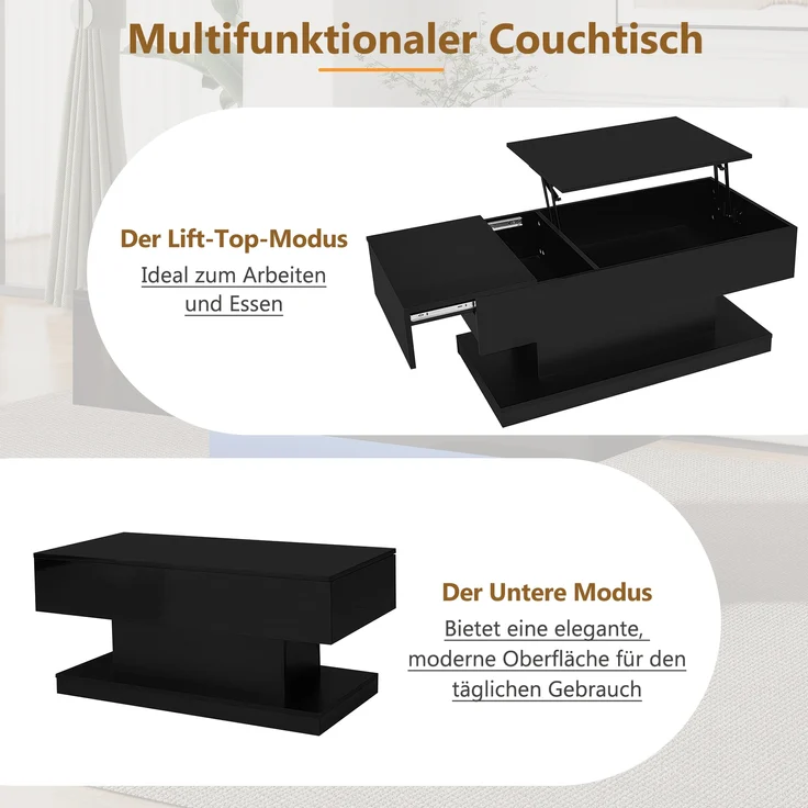 Couchtisch, mit hydraulischem Höhenverstell-System, Stauraum & LED-Beleuchtung, 100x50x45 cm, Schwarz – Bild 7