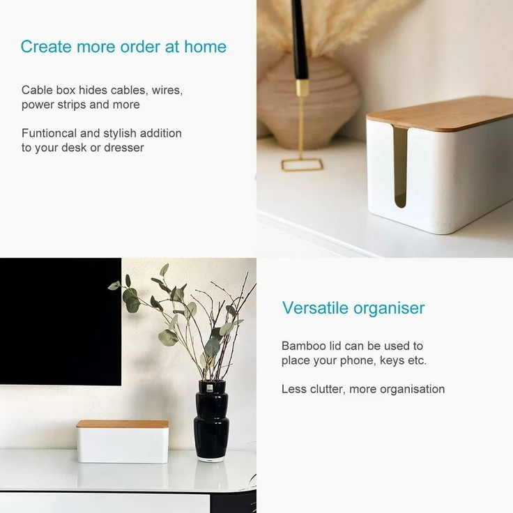 Intirilife Kabelbox, Kabelbox mit Bambusdeckel in Weiß Kabelmanagement Box – Bild 2