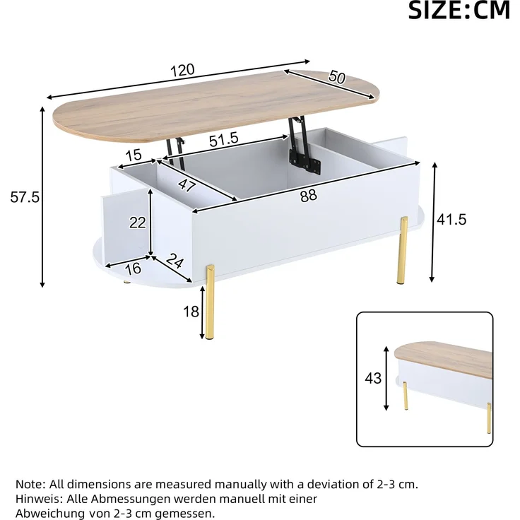 Lift-Couchtisch 120 x 50 x 43 cm, anhebbarer Wohnzimmertisch mit verstecktem Stauraum, 3 Ablagefächer, halboffene Regale – Bild 9