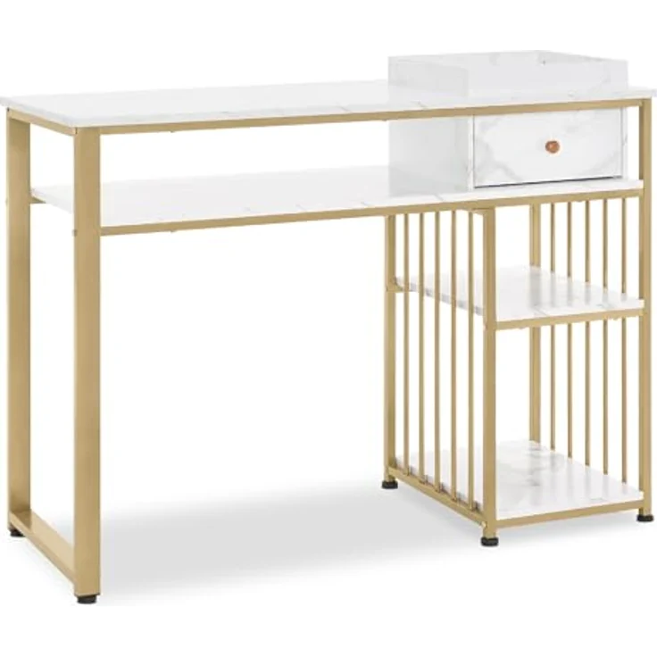 M MCombo Schreibtisch mit Schubladen, Nageltisch mit Regal, Manikürtisch aus Holz Metallgestell, Schminktisch ohne Spiegel Wohnzimmer Modern, Marmor-Weiß Gold, 2498 – Bild 2