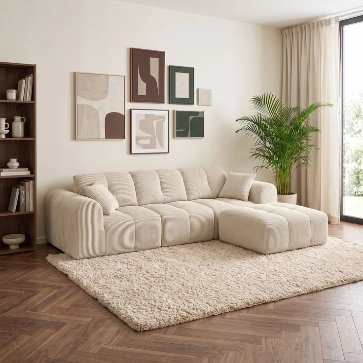 skølm 'Vanaheim' Sofa 3 Sitzer mit Hocker & 2 Kissen, Cloud Sofa Cord beige, Vollschaumcouch mit Federkern und Vakuum-Kompression, kein Aufbau erforderlich – Bild 5