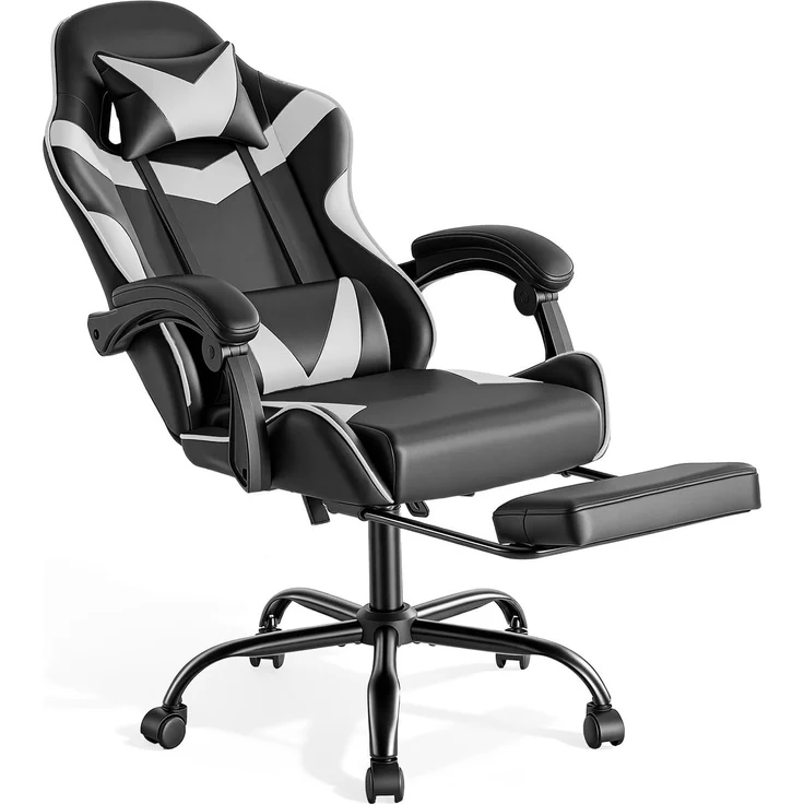 Sweetcrispy Gaming Stuhl, Gaming Chair mit Fußstütze, Kopf- & Lendenstütze, Ergonomischer Bürostuhl, Höhenverstellbar & Drehbar Schreibtischstuhl, Weiß mit Schwarz