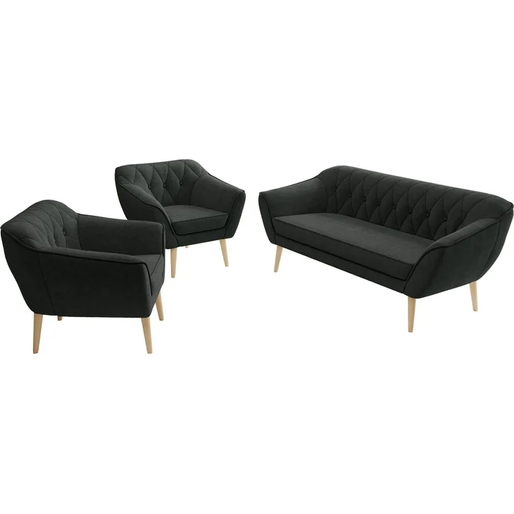 Wohnzimmerset PIRS 1-1-3, Skandinavisches 3-Sitzer Sofa mit Sesseln, Sofa mit Wellenfederung, Buche Füße, Skandinavisches Möbelset - Dunkelgrau Stukture – Bild 8