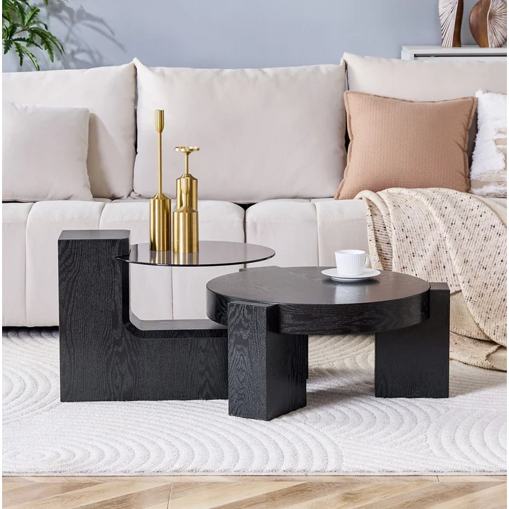 DESVIAE Couchtisch-Set 2-tlg. mit Sicherheitsglas, Ø61x30 cm, MDF in Schwarz Holzoptik – Bild 2