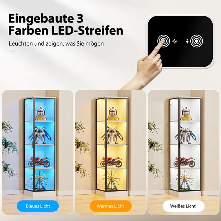 Eckvitrine 85x165x36 cm, Glasvitrine mit LED-Beleuchtung, Körpersensor und 4 Regalböden, Weiß – Bild 5