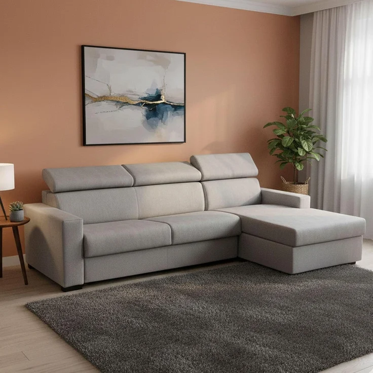 Talamo Italia - Schlafsofa mit Halbinsel Alceste, drehbares Sofa zum Öffnen, Aufbewahrungshalbinsel rechts, schmale Armlehnen, 100 % Made in Italy, 260 x 95 x 85 cm, Grau