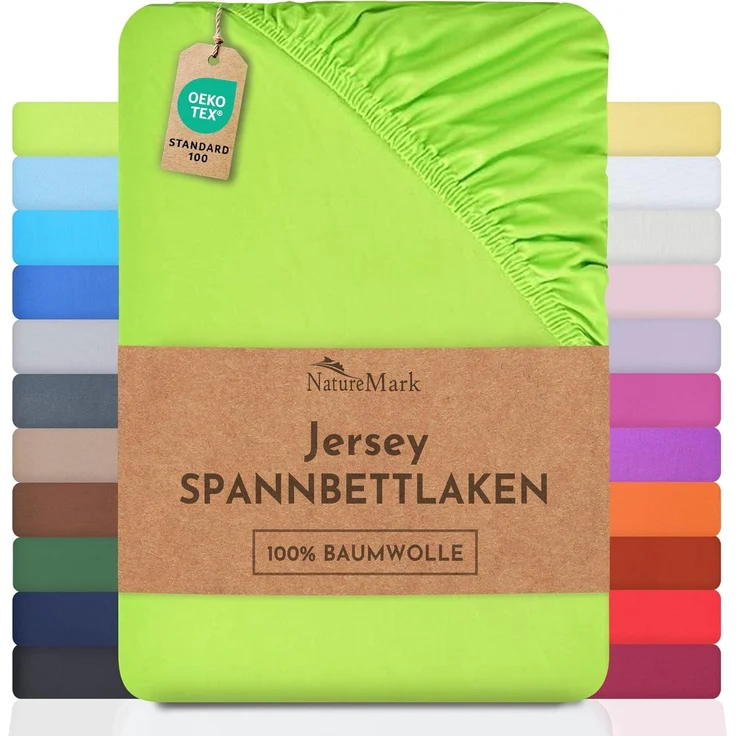 NatureMark Jersey Spannbettlaken, Spannbetttuch 100% Baumwolle in vielen Größen und Farben MARKENQUALITÄT ÖKOTEX Standard 100 | 200x220 cm +40 Steg - Apfel grün