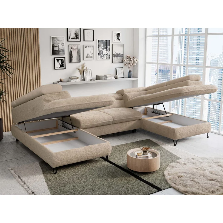 Ecksofa U-Form, mit Bettkasten, Bettfunktion und Einstellbare Kopfstützen, Sofa big XXL - PETER U - Beige Plüsch – Bild 3
