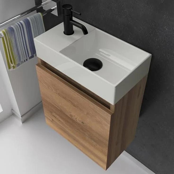 Alpenberger Badmöbel-Set Gäste WC Waschbecken mit Unterschrank - Badschrank Hängend, (Gäste WC Möbel Bamboo Farbe, Waschtisch mit Unterschrank Klein), Waschplätze für Kleine Bäder - Badschrank Hängend und Vormontiert – Bild 4