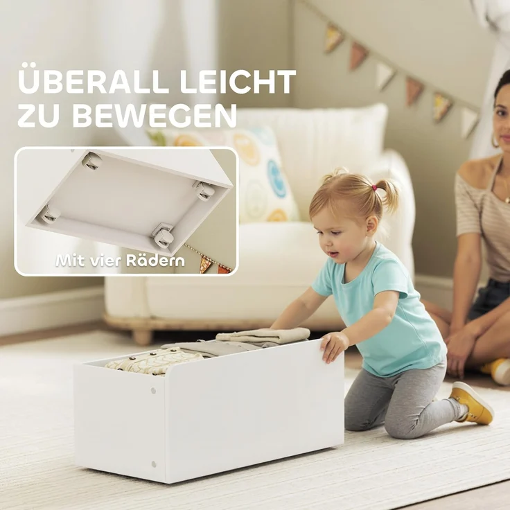AIYAPLAY Spielzeugtruhe mit 6 herausnehmbaren Aufbewahrungsboxen, Bücherablage, rollbarer Box (Kinderregal, 1 St, Kinder-Bücherregal), mit Rädern, für Kinderzimmer, Spielzimmer, 100x30x80 cm, Weiß – Bild 5