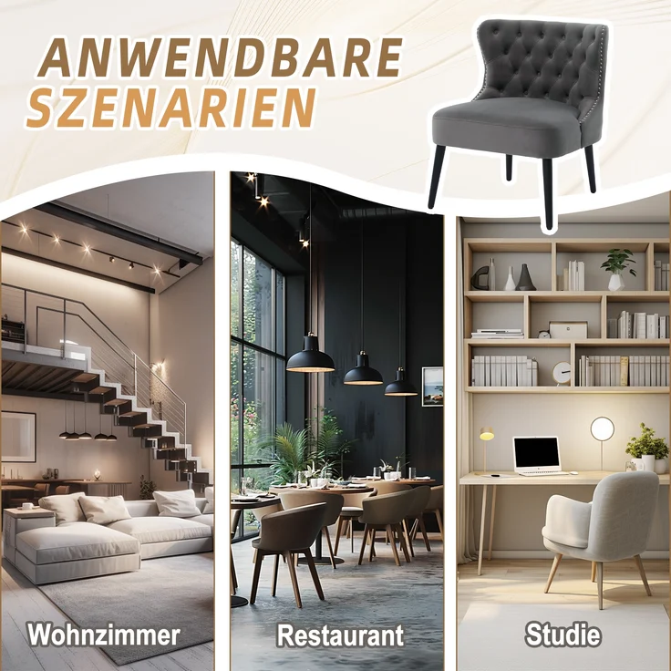 LVHOM Polsterstuhl aus Samt, Esszimmerstühle mit Knopfheftung, ohne Armlehnen, Massivholz Beine, Für Wohnzimmer, Büro & Schlafzimmer, Grau – Bild 7