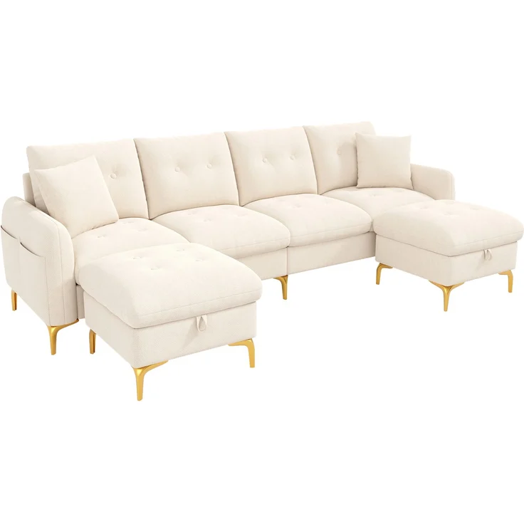 Merax 4-Sitzer U-förmiges modulares Schlafsofa mit 2 Stauraumhockern und 2 Dekokissen, Gesamtmaße 263×137×85 cm, Beige – Bild 9