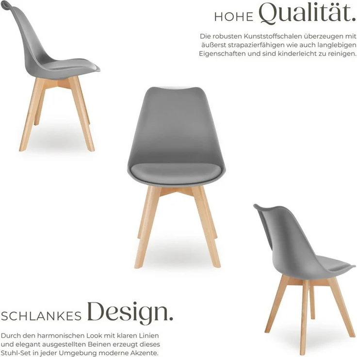 tectake Esszimmerstuhl Küchenstuhl Scandi-Design, gepolsterte Sitzfläche, 49 x 53 x 82 cm (Polsterstuhl Frederikke in grau, 6 St), ergonomische Form, massive Holzbeine, bodenschonende Filzgleiter – Bild 3