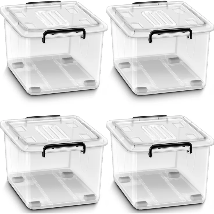tillvex® Aufbewahrungsboxen mit Deckel 4er Set - 42L, lebensmittelecht | Kunststoff Boxen Set stapelbar | Aufbewahrung Ordnungssystem Box groß | Aufbewahrungsbox Kleiderboxen transparent 100% Neumaterial