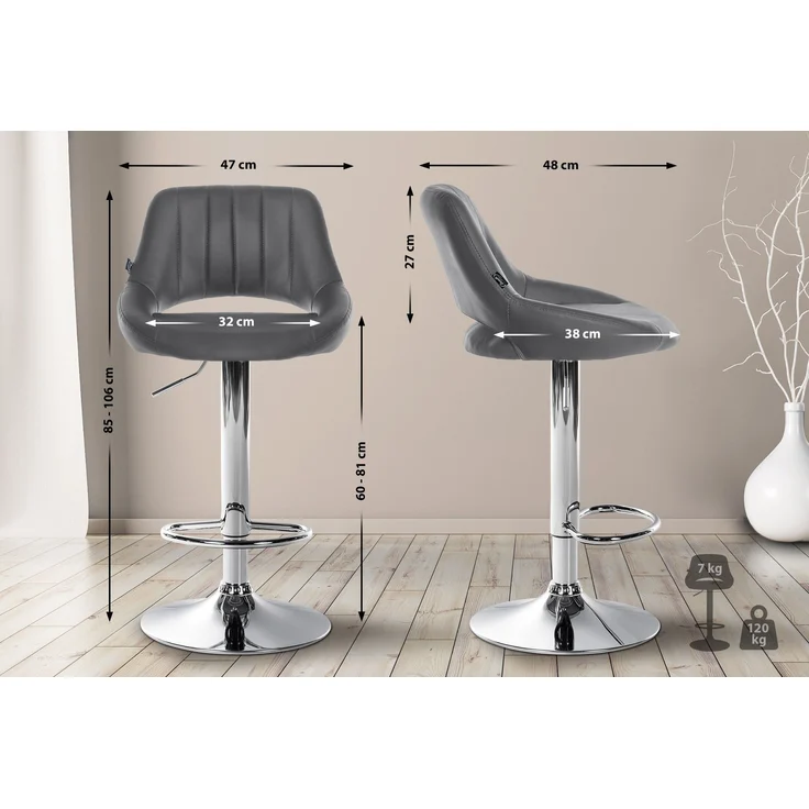 2er Set Barhocker SEGAD - Kunstleder Grau 47x48x85 cm Silber | Barstuhl Höhenverstellbar Mit Lehne Drehbar Tresenhocker Tresenstuhl Kneipenhocker – Bild 2