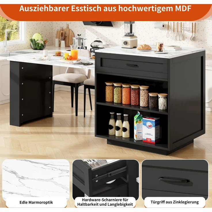 Ausziehbarer Bartisch aus MDF mit Stauraum, 98-204x70x93,5 cm, Schwarz – Bild 9