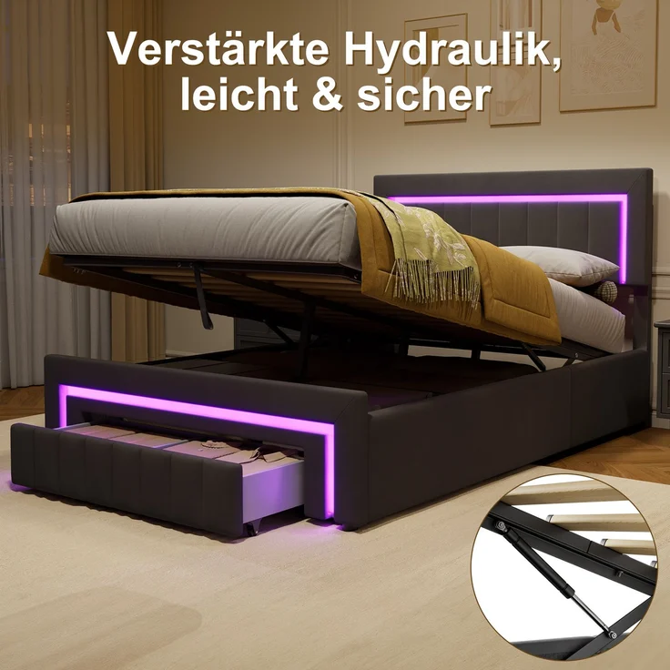 Polsterbett 140x200 cm, Anthrazit/Grau, Velours, LED, hydraulischer Stauraum & Schublade (ohne Matratze) – Bild 4
