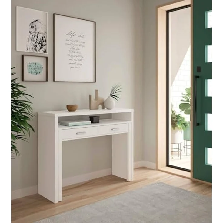 Dmora - Billings Schreibtisch, Möbel für Arbeitszimmer Büro, Schreibtisch mit ausziehbarer Platte, PC-Schreibtisch mit 2 Schubladen, 99 x 36 x 88 cm, Weiß – Bild 6