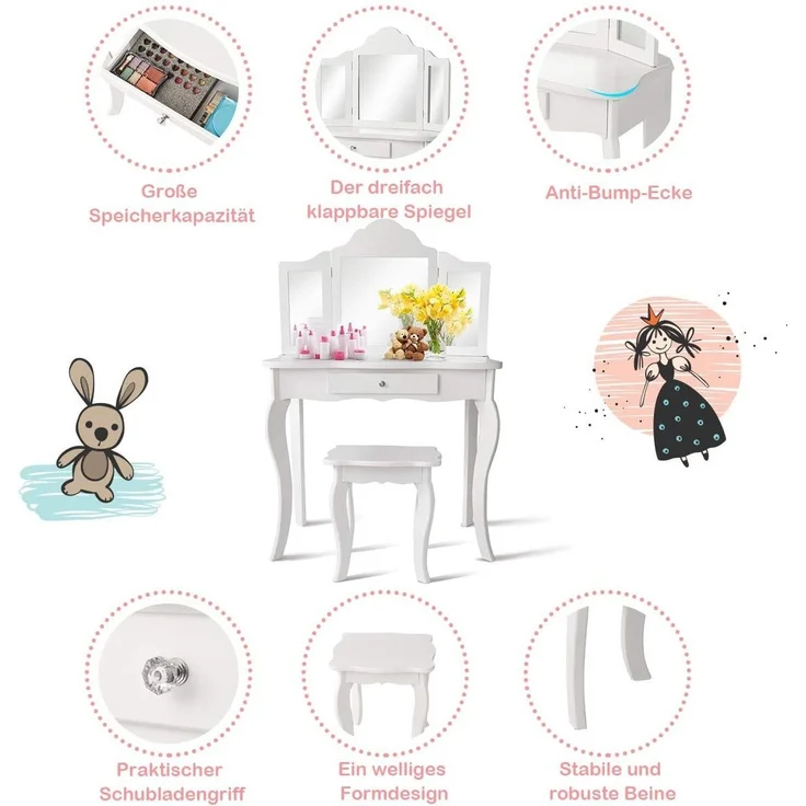 COSTWAY Kinder Schminktisch mit Hocker und Abnehmbarer Spiegel, Maedchen Frisiertisch Holz, Kindertisch mit Schublade, Spiegeltisch 70x34x103cm Weiss – Bild 2