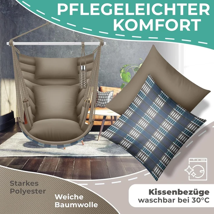 KESSER® Hängesessel Haiti 150kg Traglast, Hängestuhl 360° Drehung, Hängeschaukel Indoor-Outdoor UV-beständig & Wasserfest, Pflegeleicht, Inkl. 2 Kissen, Tragetasche, Flaschenhalter & Montage-Set Mocca – Bild 4