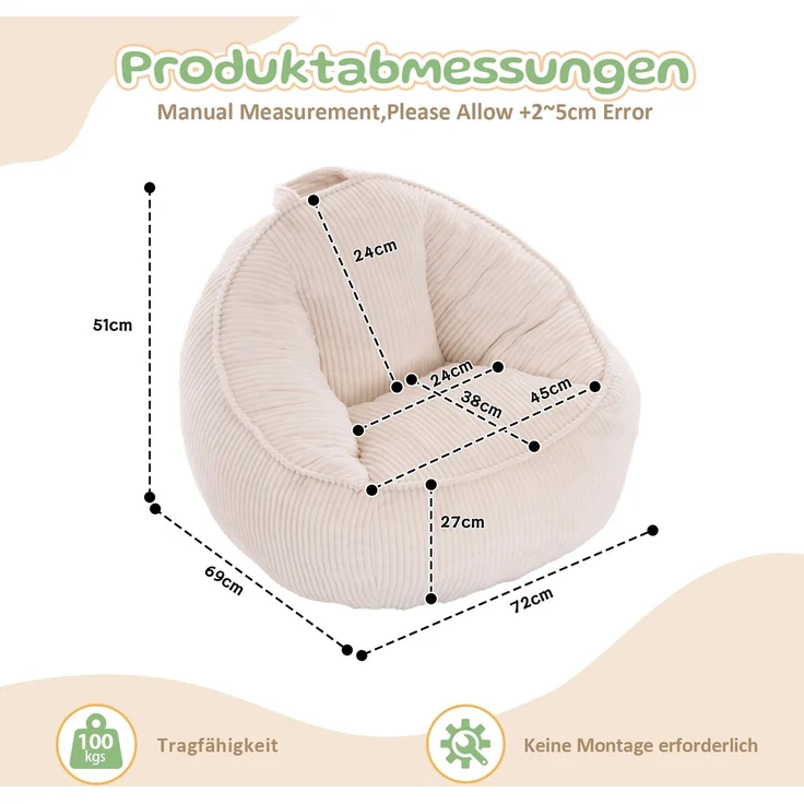 Sitzsack, weicher Plüsch-Sitzsack, bequemer Sitzsack, geeignet für Spielzimmer, Leseecke, Wohnzimmer und Kinderzimmer, für Jungen und Mädchen – klein(Beige)--Beige--69x72x51cm--YOUDENOVA – Bild 3