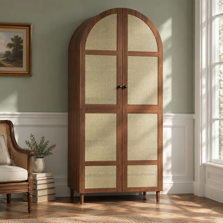 DESVIAE Garderobenschrank Walnuss aus MDF/Spanplatte – 80x179x50 cm – Rattantüren, Schubladen