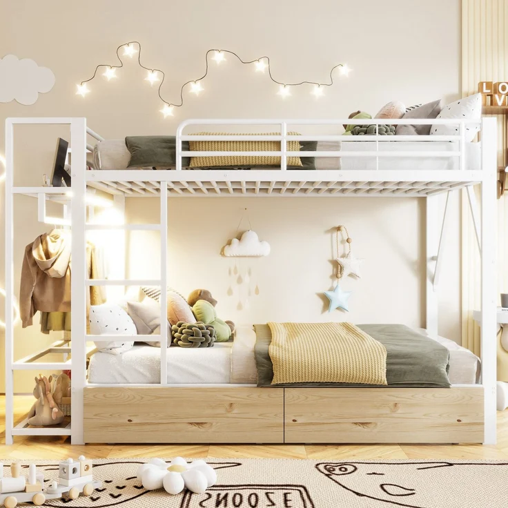 Etagenbett mit Schubladen, RGB LED-Streifen, Kleiderstange, Regal, Lattenrost und Leiter, 140x200 cm, Kinderbett mit Rausfallschutz, Metallbett – Bild 3