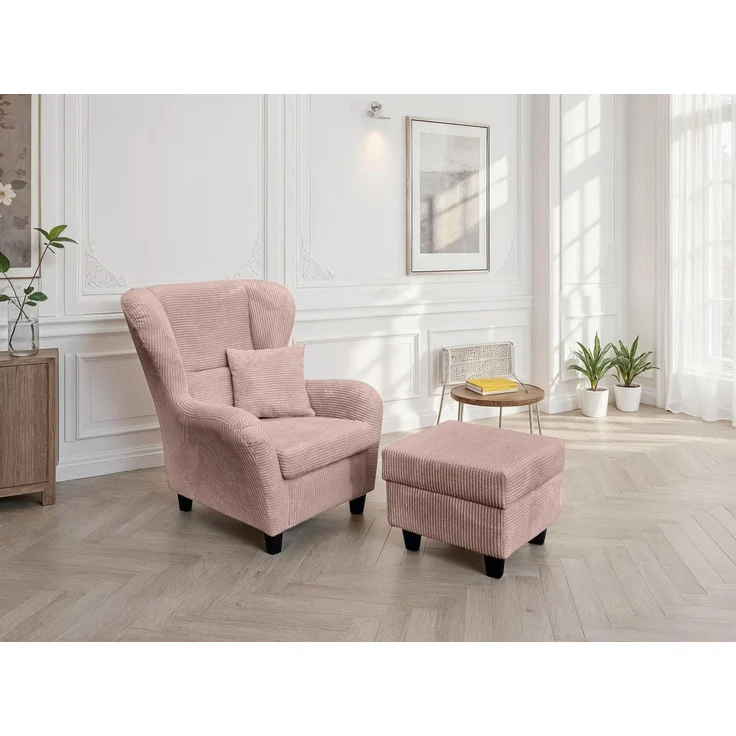 Ohrensessel mit Hocker Landhausstil Polster-TV-Lesesessel Cordstoff Rosa – Bild 2
