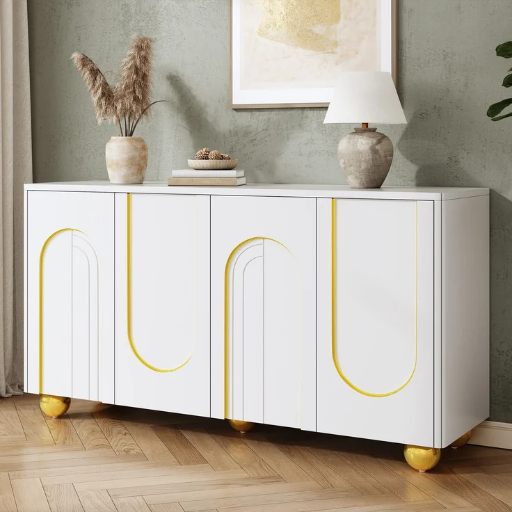 Merax Wohnzimmerschrank, Viertüriges Sideboard, Esszimmer Staurschrank mit Bogen-Goldlinien-Dekor, mit kugelförmigen Metallfüßen, Weiß – Bild 6